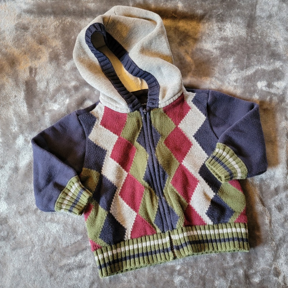 babyGap Argyle Sweater Hoodie Baby 6-12 Months Navy Excellent Fleece Lined 842